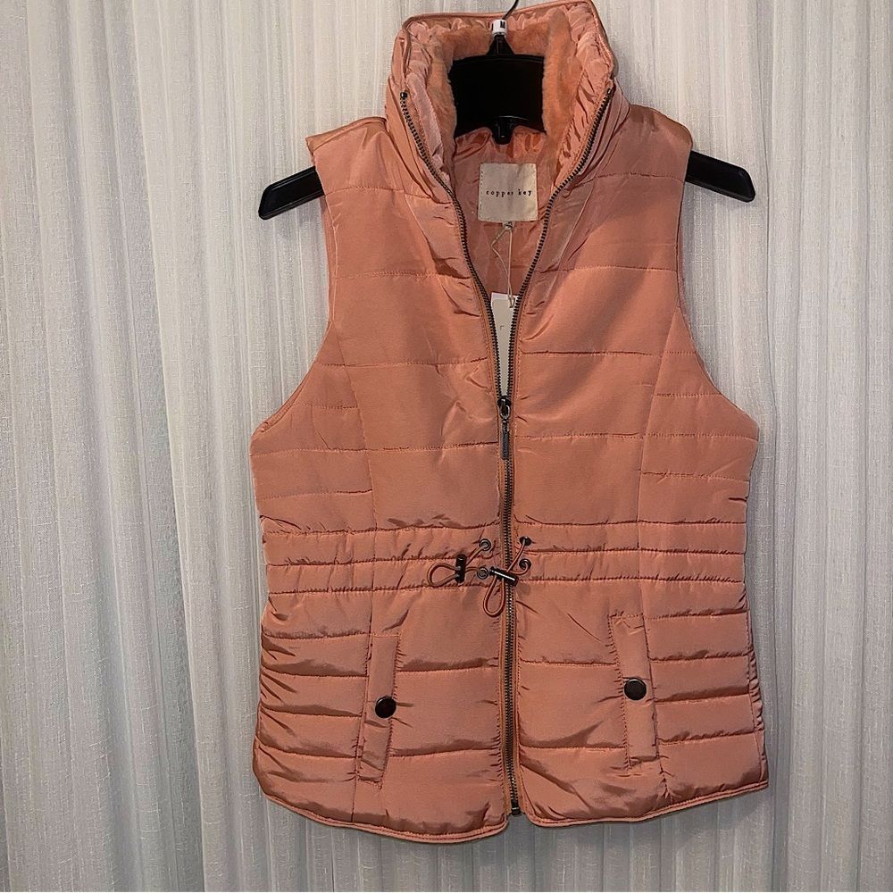 Copper Key Girls Zip Vest bubble sleeveless faux fur collar blush pink rose NWT